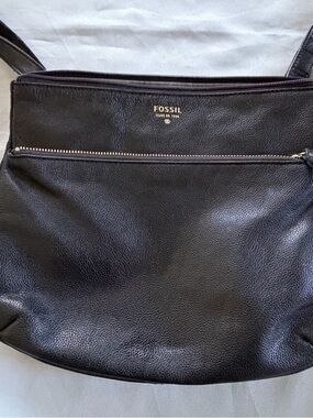Fossil Black Pebbled Leather Shoulder Bag with Gold Accent